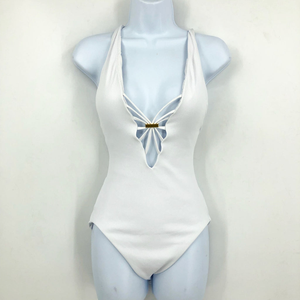 BECCA Women's Haley One Piece Swimsuit Medium White Plunge Neck  Modern Edge NWT