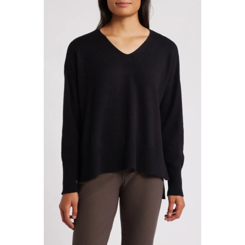 EILEEN FISHER Women's V-Neck Sweater Medium Black Cotton Cashmere NWT