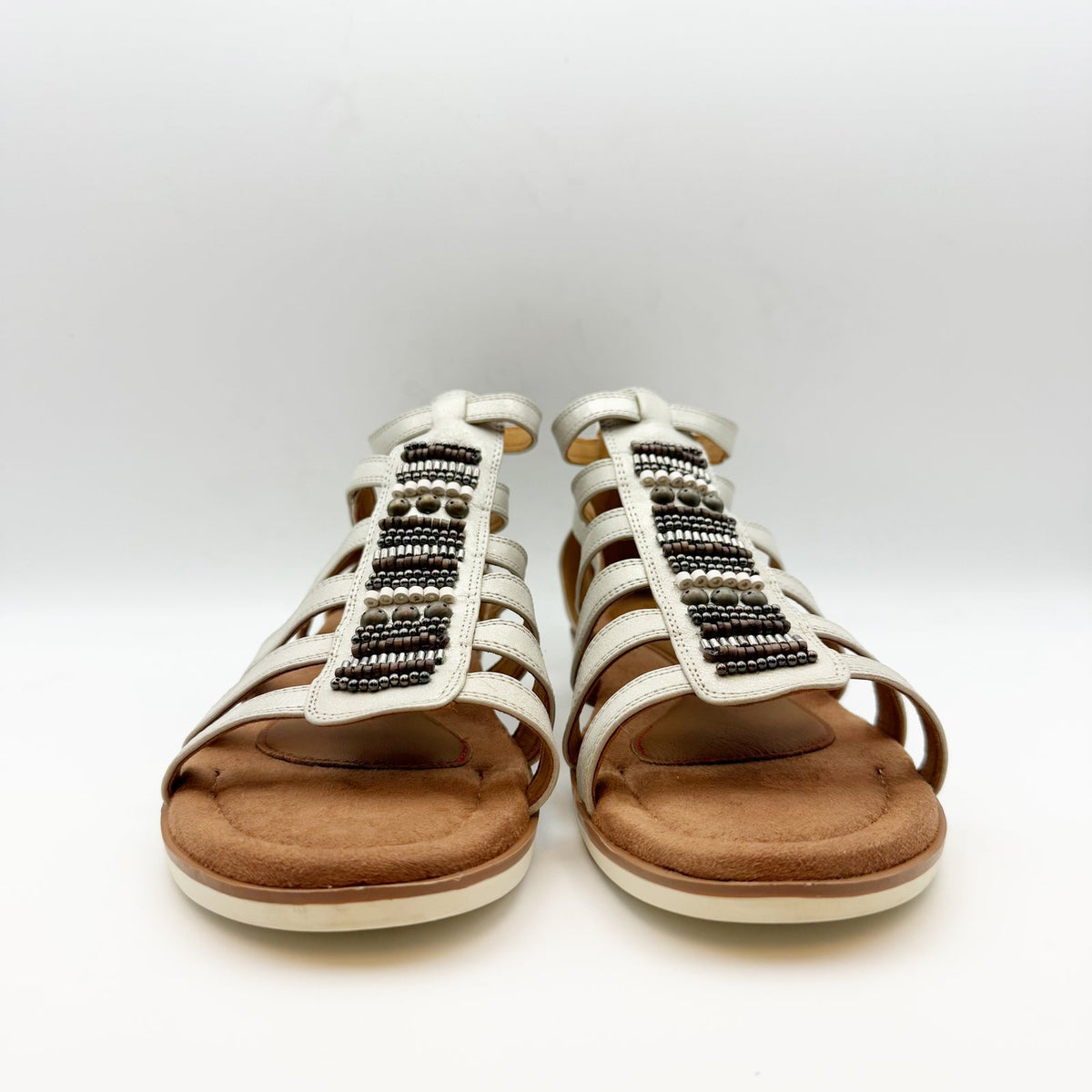 Cobb Hill Womens Zion Gladiator Sandals Size 10 Taupe Metallic Beaded Flat NWOB