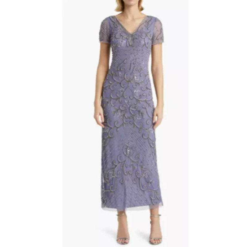 PISARRO NIGHTS Women's Beaded Column Gown Size 18 Violet Purple Short Sleeve NWT