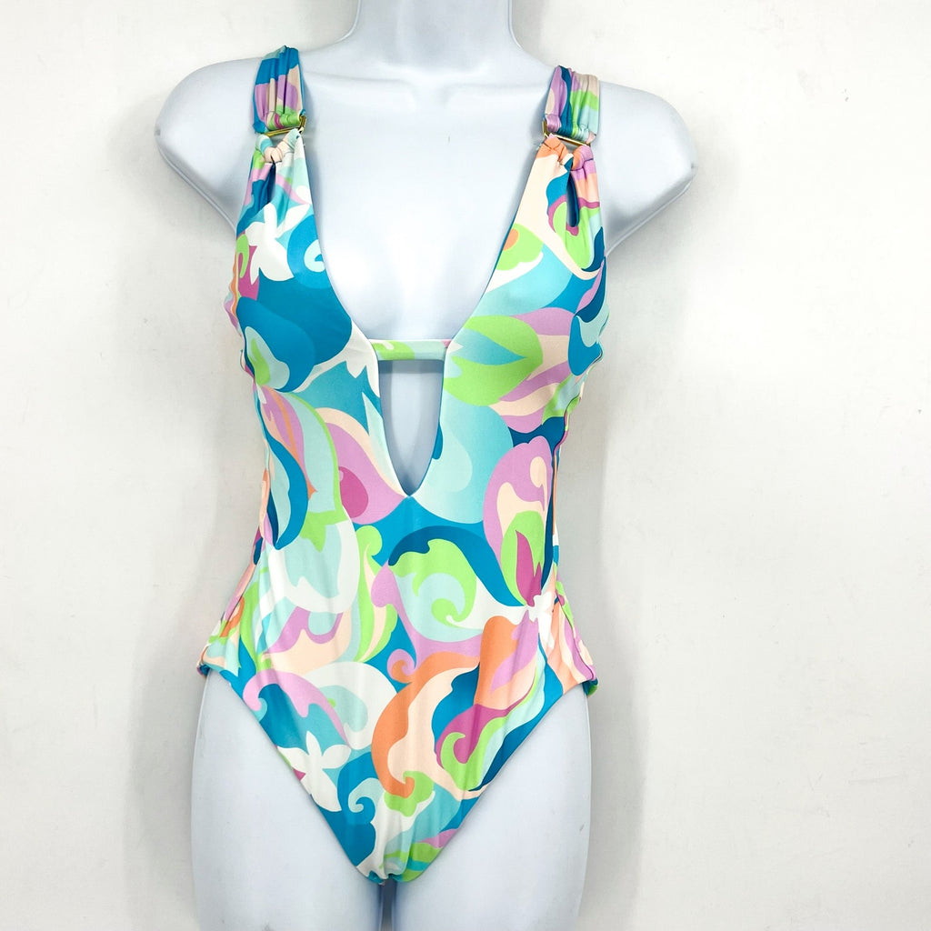 BECCA Women's All That Glitters One-Piece Swimsuit Small Blue Plunging Neck NWT