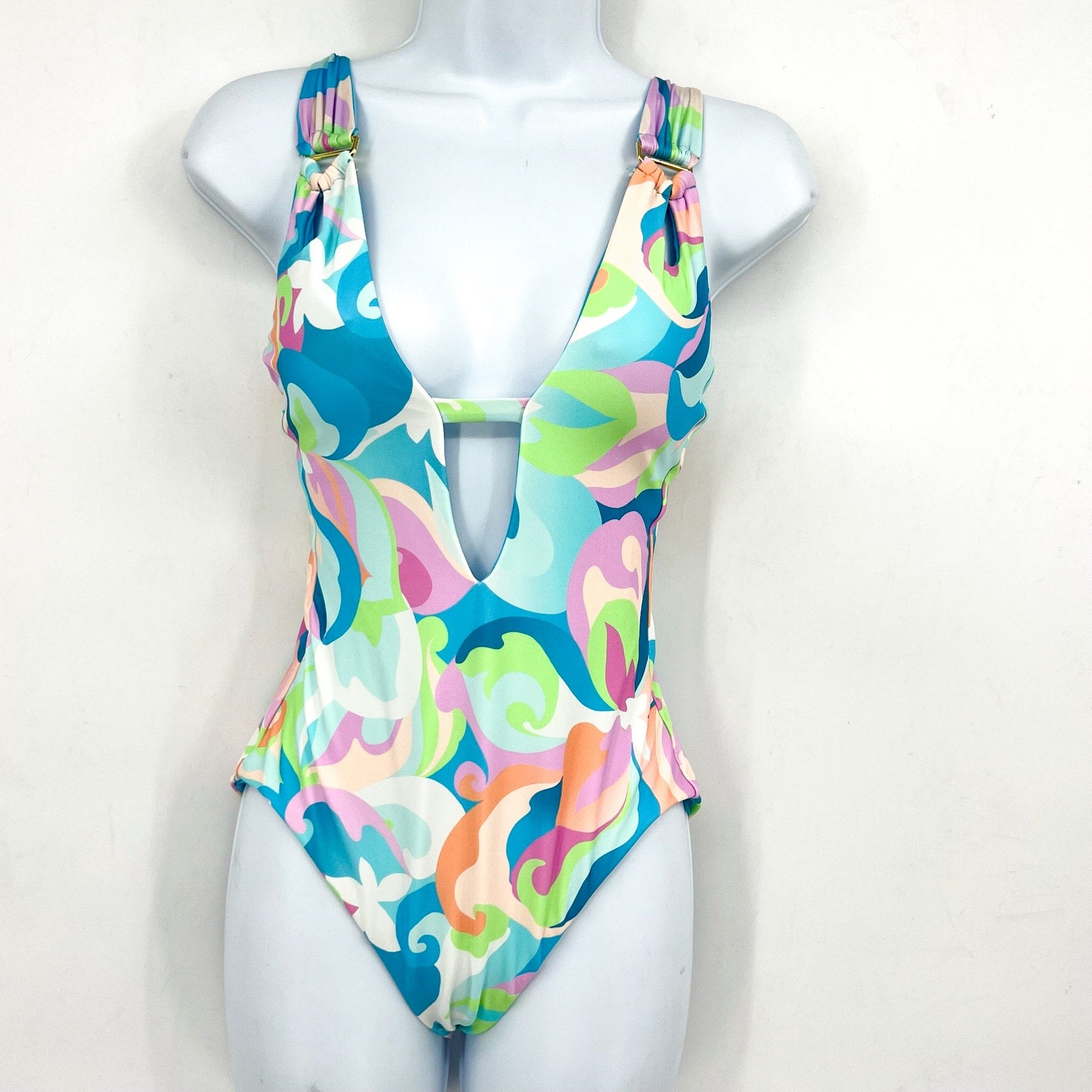 BECCA Women's All That Glitters One-Piece Swimsuit Small Blue Plunging Neck NWT