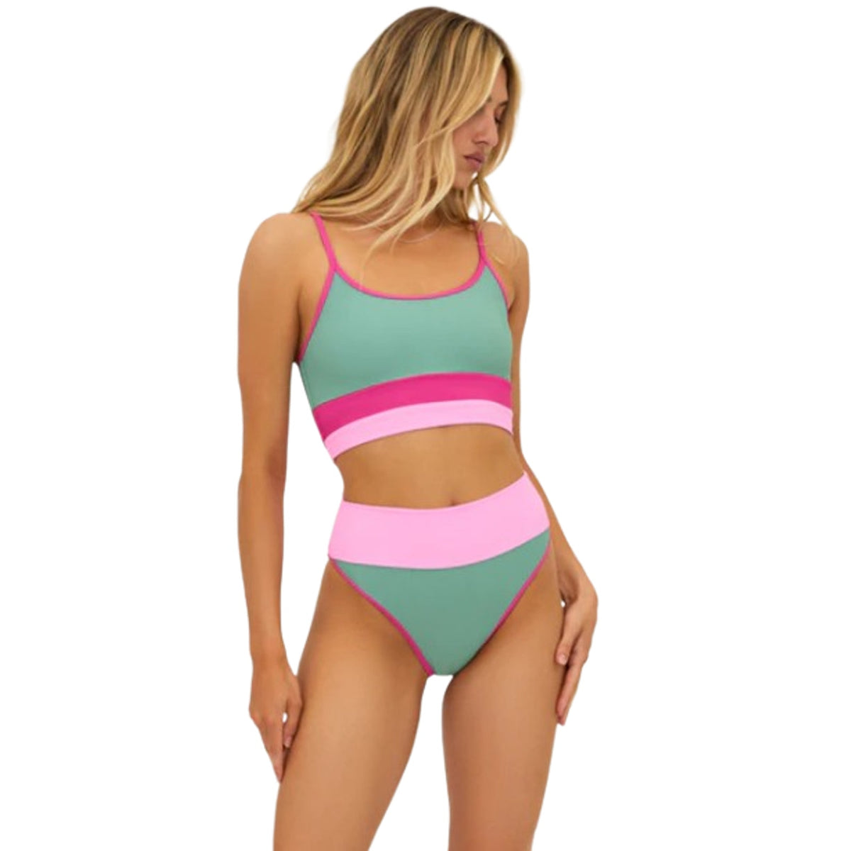 BEACH RIOT Women's Emmy Bikini Bottom Small Green Sage Bloom Colorblock NWT