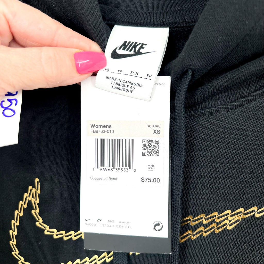 Nike Womens Sportswear Club Premium Hoodie XS Black Loose Shine Sweatshirt NWT