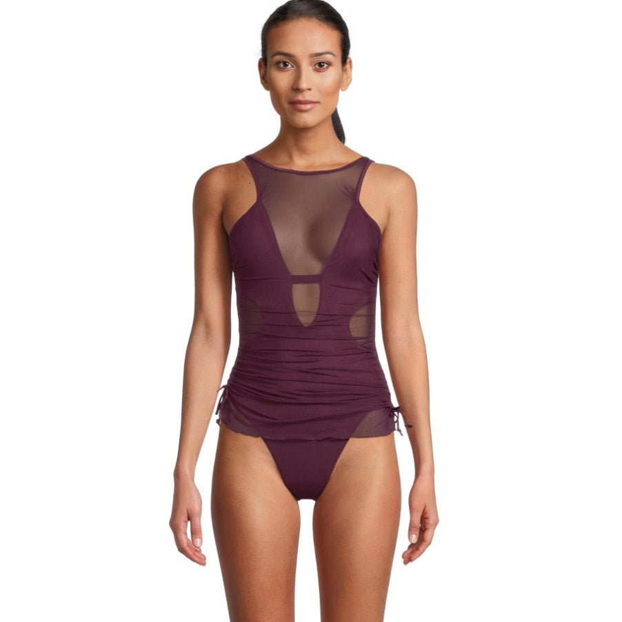 BECCA Muse Macie One Piece Swimsuit Large Purple High Neck Mesh Overlay NWT