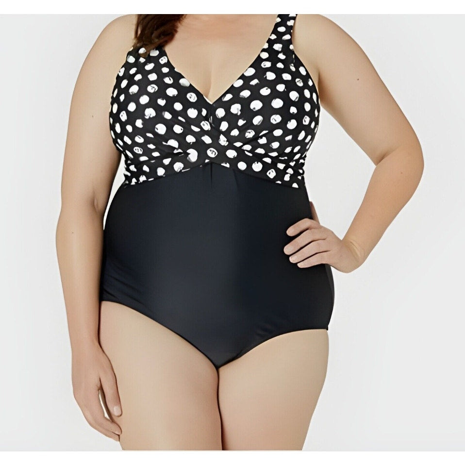 MAXINE OF HOLLYWOOD V-Neck Mio One Piece Swimsuit Size 14 Black White Dot NWT