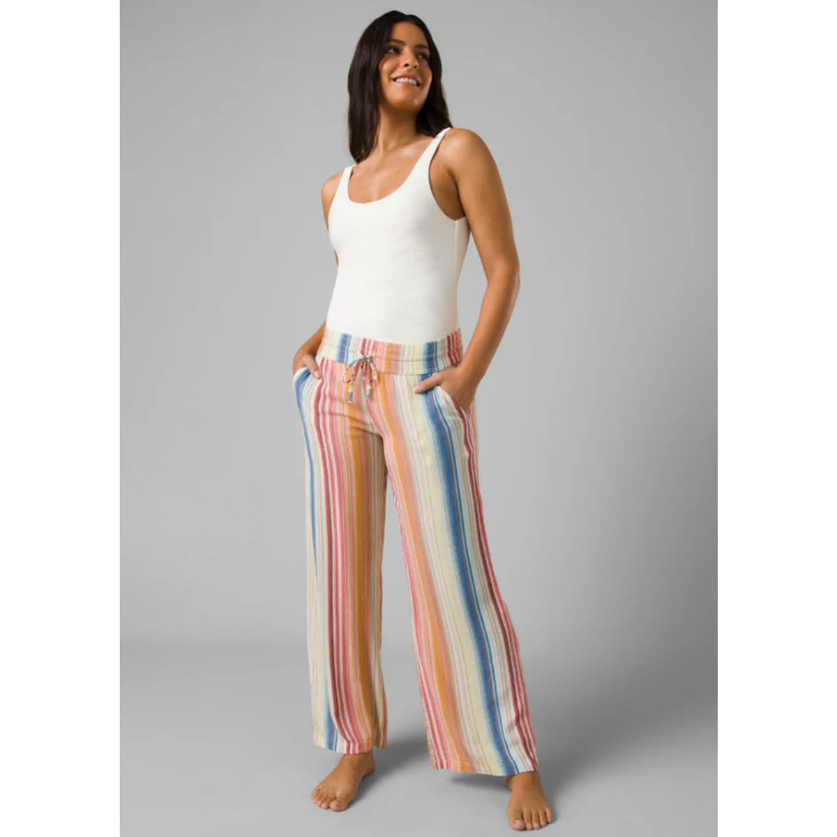 PRANA Women's Fernie Beach Pants Medium Gold Baja Stripe Wide Leg Mid Rise NWT
