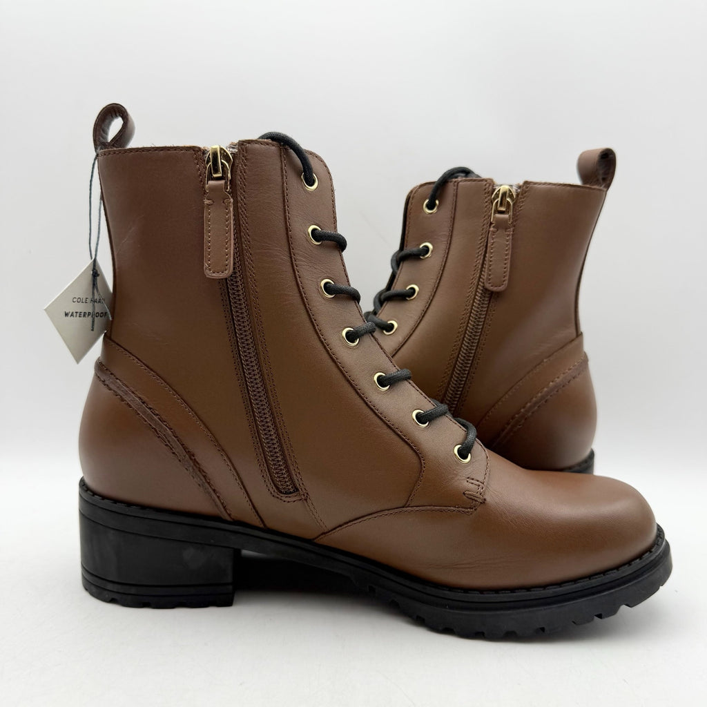 Cole Haan Womens Camea Combat Boots US 7 Brown Leather Zip Side Waterproof NWOB