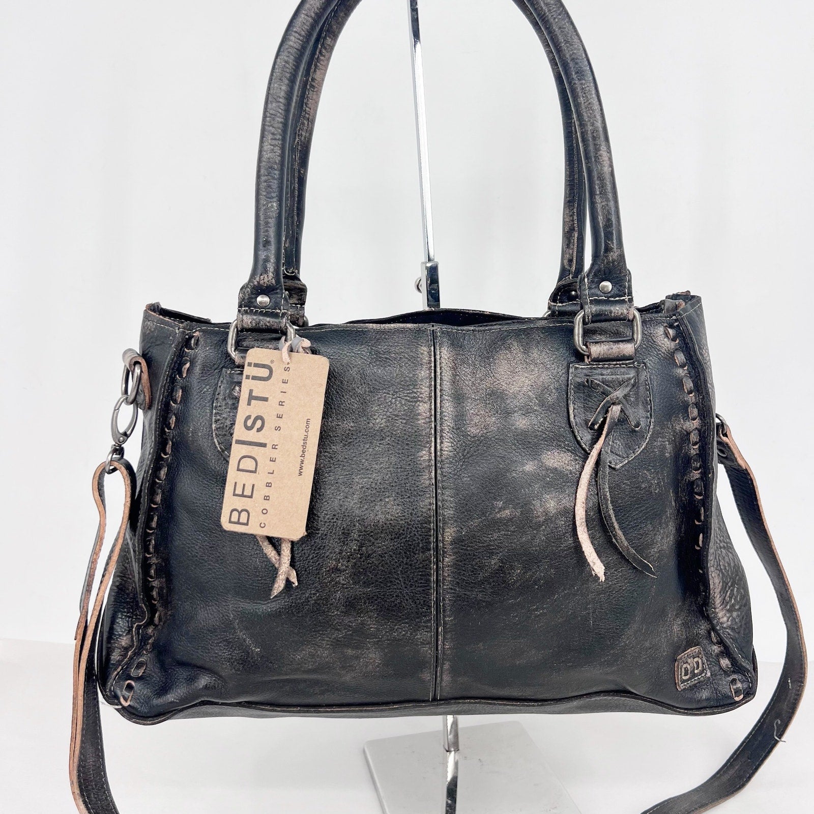 Bed Stu Rockababy Leather Shoulder Bag Washed Black Satchel Purse NWT