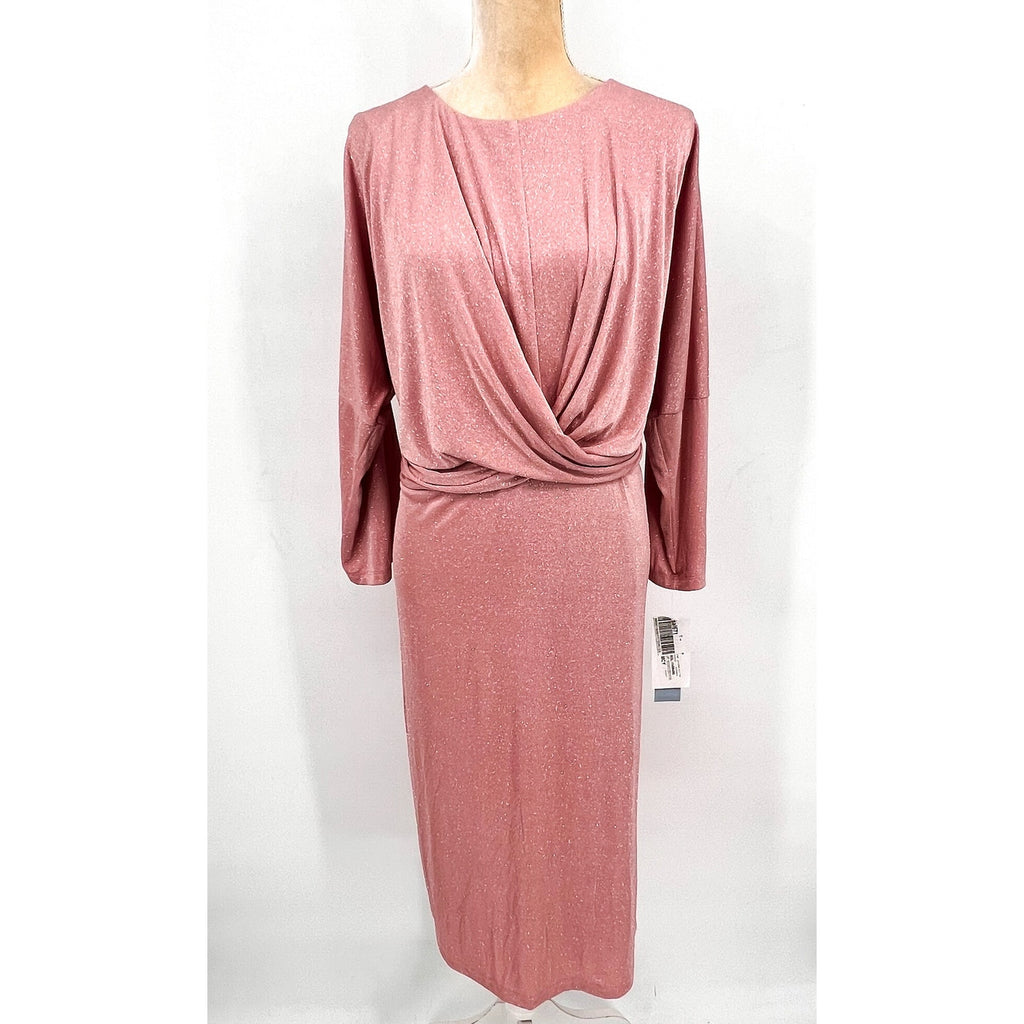 LONDON TIMES Women's Criss Cross Waist Dress 20W Pink Sparkle 3/4 Sleeve NWT