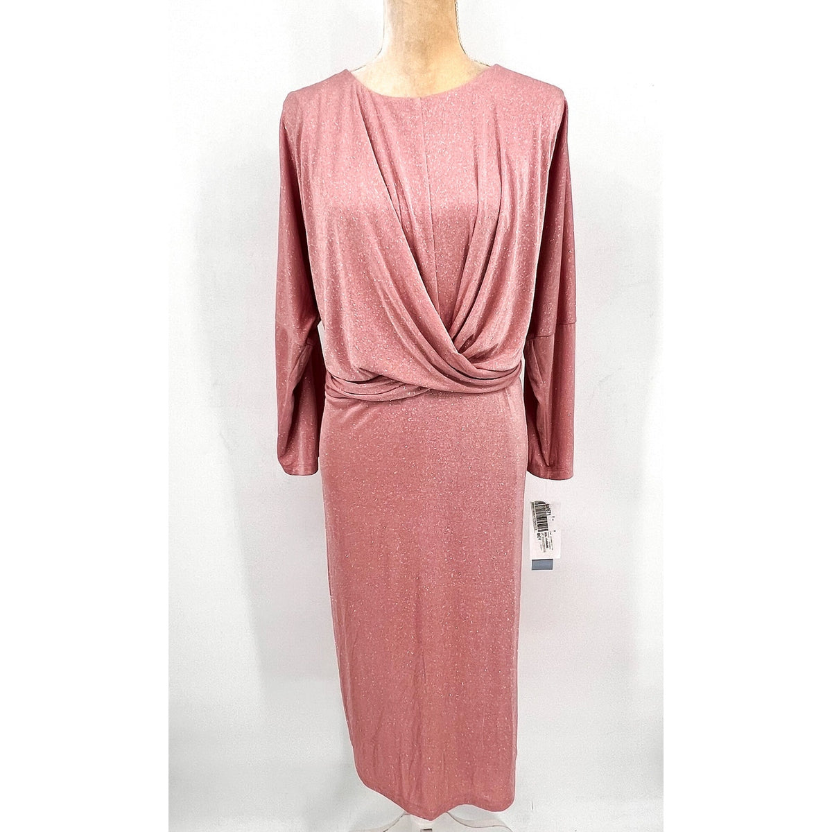 LONDON TIMES Women's Criss Cross Waist Dress 20W Pink Sparkle 3/4 Sleeve NWT