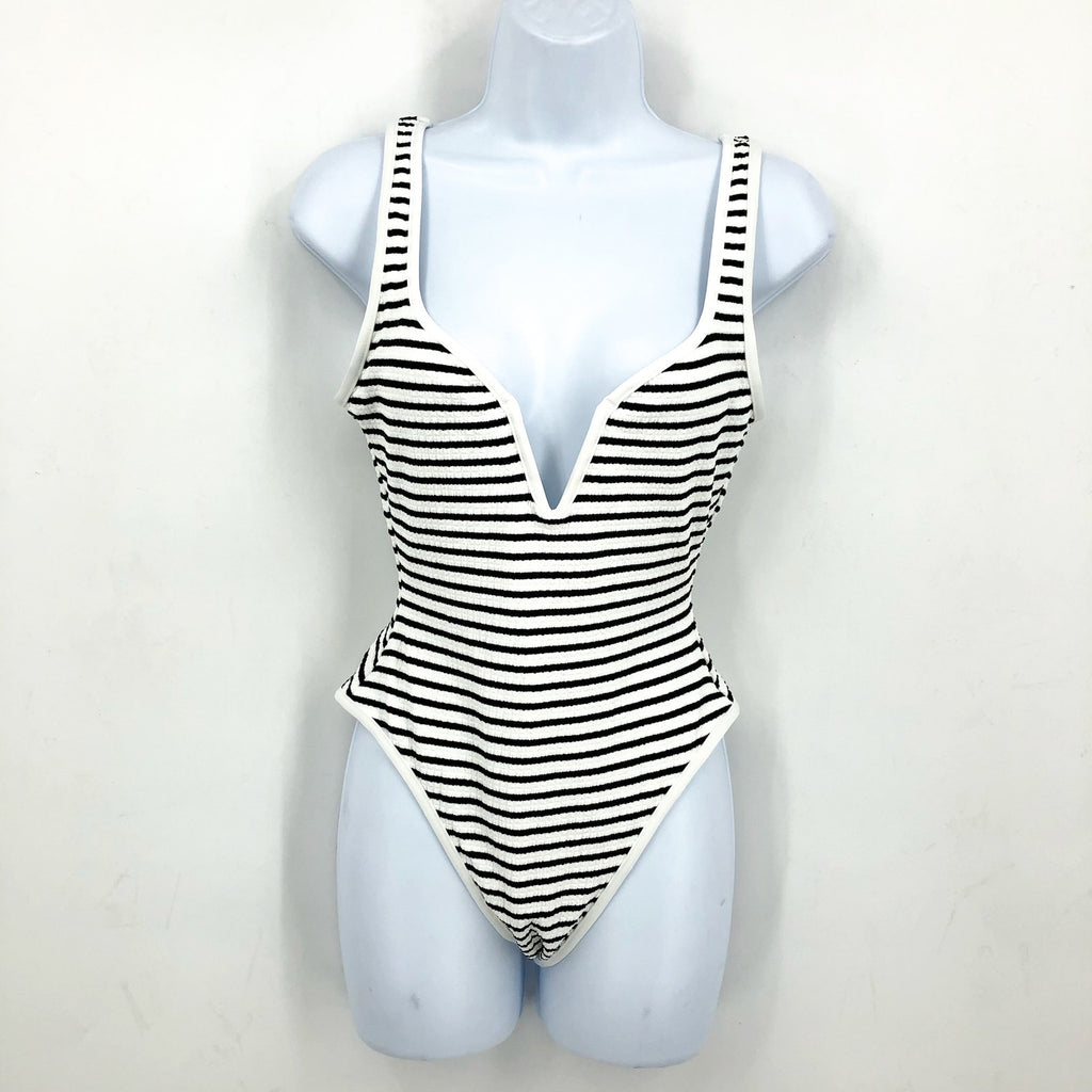 L*SPACE Women's Coco One-Piece Swimsuit Medium Black White Sail Along Stripe NWT