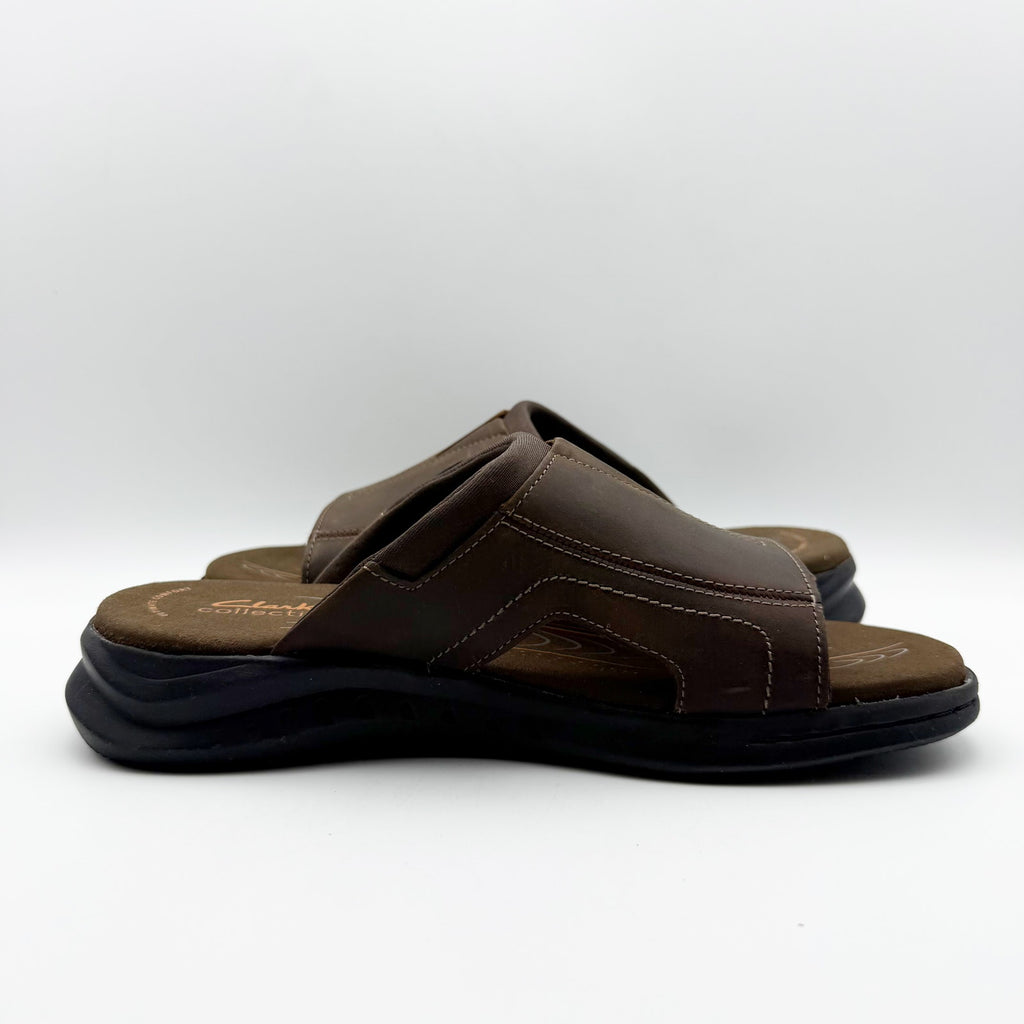 Clarks Mens Walkford Band Sandals US 7 Dark Brown Beeswax Leather Slip On NIB