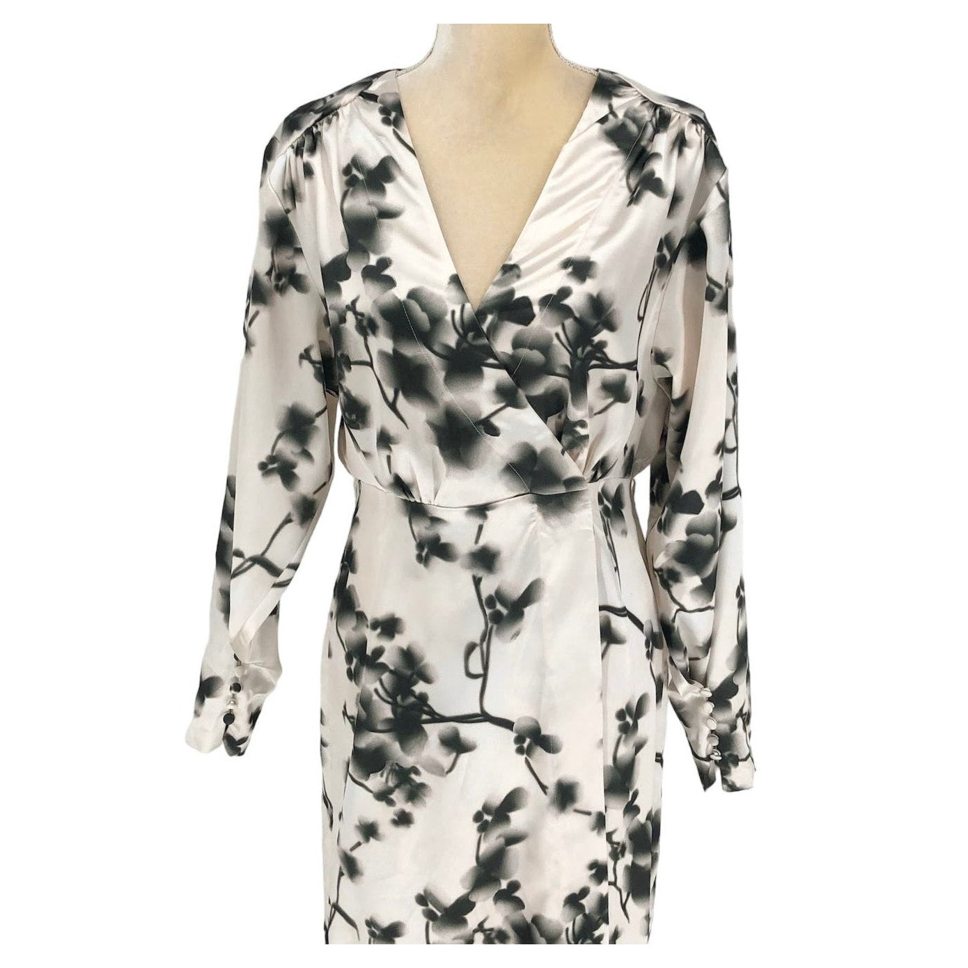 Rotate Womens Floral Wrap Midi Dress 8 Ivory Green V Neck Long Sleeve Cocktail