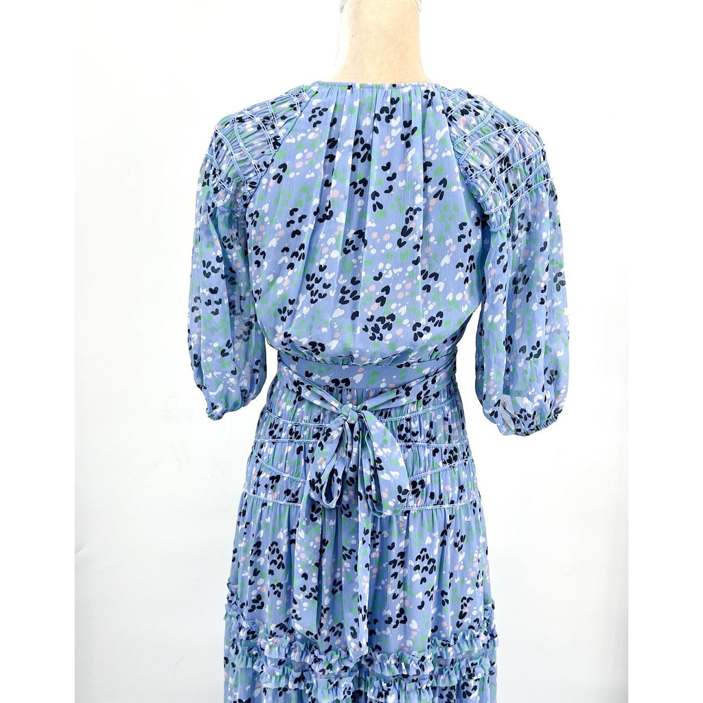 TED BAKER Womens Blakeli Floral Dress TED 0 US 2 Blue Smocked Puff Sleeve NWOT