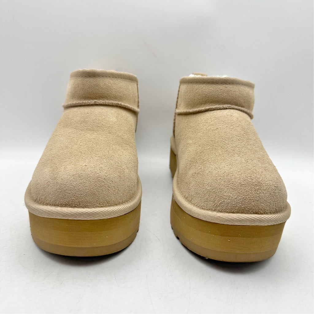 UGG Women Classic Ultra Mini Platform Boot US 5 Sand Suede Fur Plush Lining NWOB