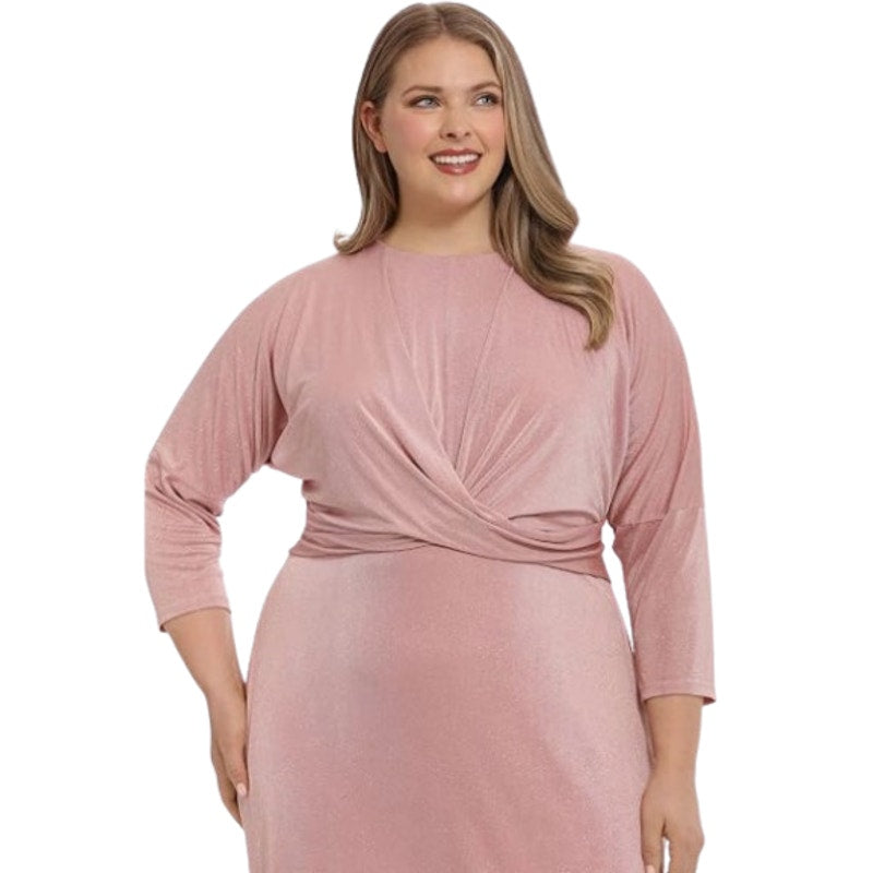 LONDON TIMES Women's Criss Cross Waist Dress 20W Pink Sparkle 3/4 Sleeve NWT