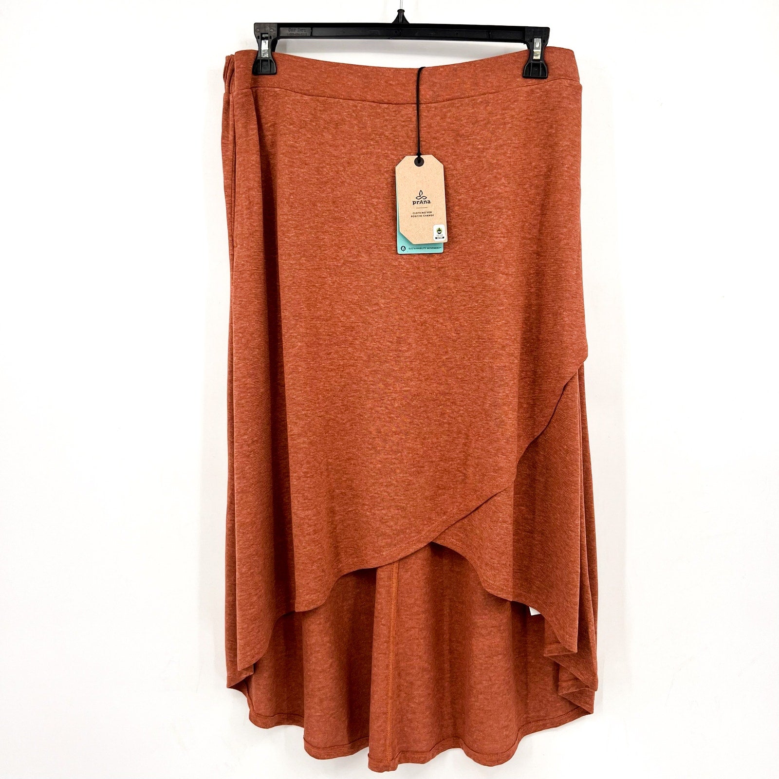PRANA Women's Tidal Wave Midi Skirt XL Terra Orange High Low Stretch Knit NWT