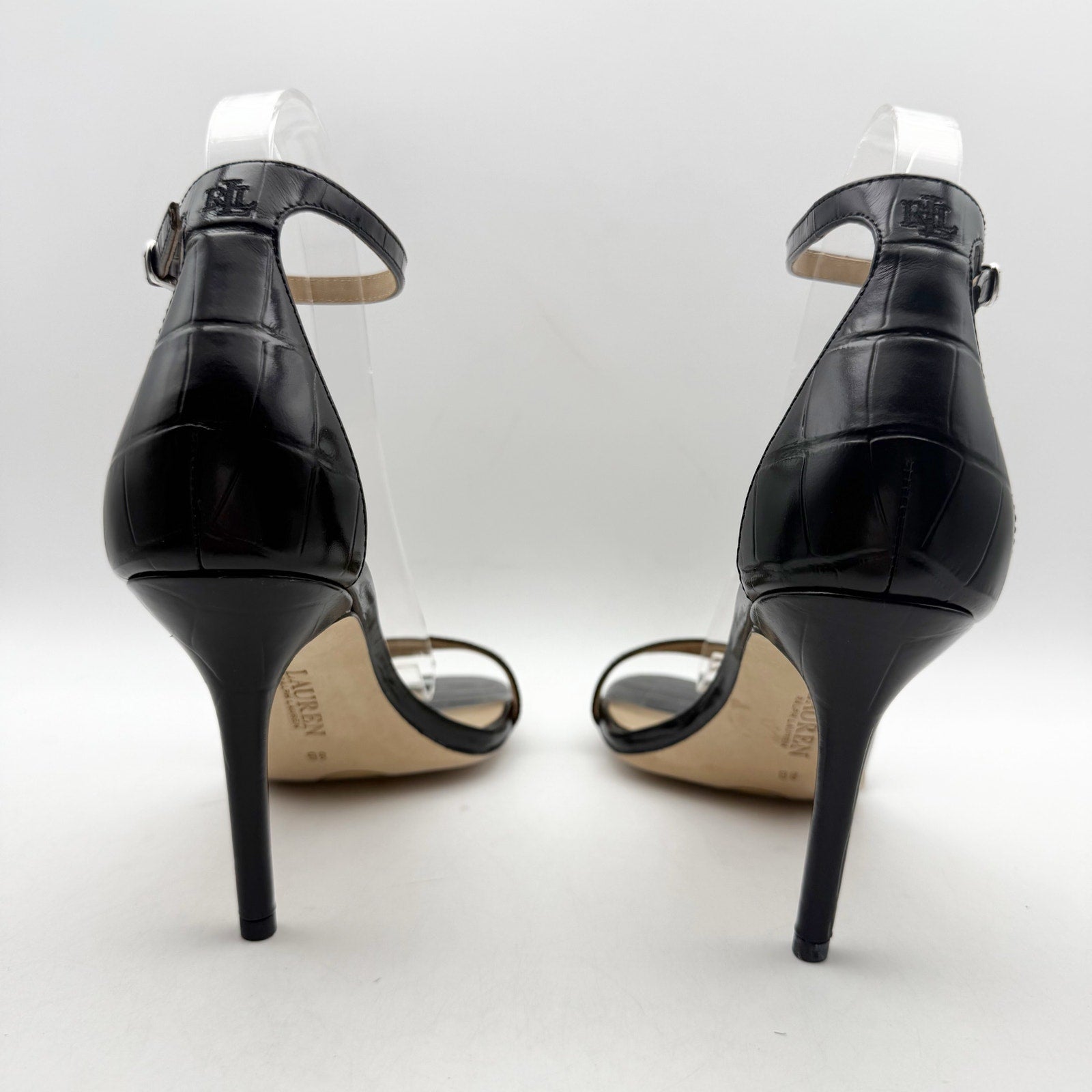Ralph Lauren Womens Allie Heel Sandals US 8 Black Crocodile-Embossed Leather NIB
