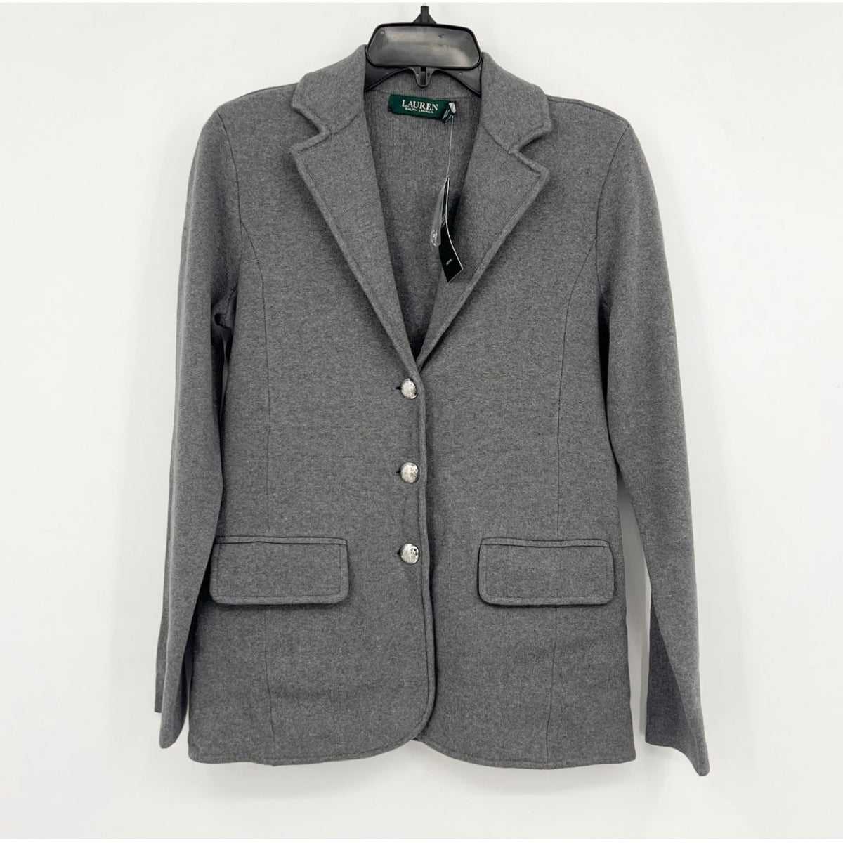 LAUREN RALPH LAUREN Womens Sweater Knit Blazer Small Petite Grey Long Sleeve NWT