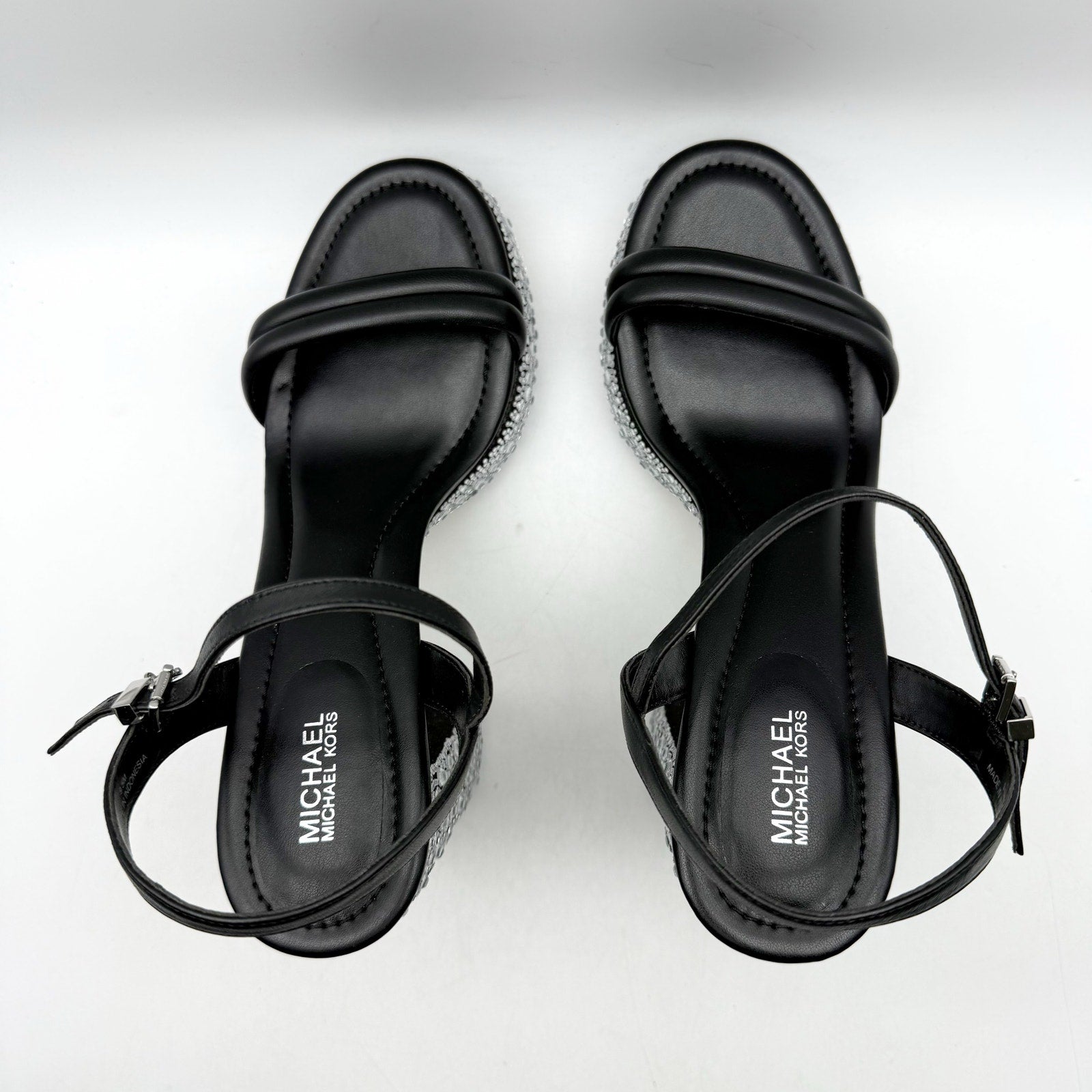 Michael Kors Women Laci Platform Heel Sandal 9.5 Black Leather Embellished NWOB