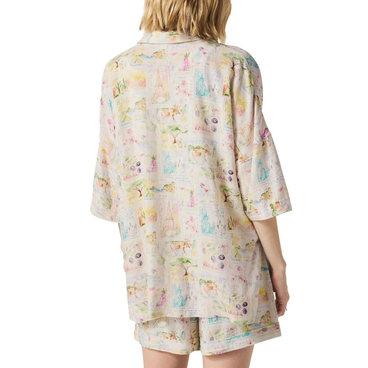SPLENDID Women's Coastal Postcard Top Medium White Print Linen Blend Blouse NWT