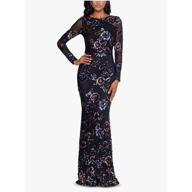 BETSY & ADAM Long Long Sleeve Floral Sequin Gown Size 12 Black & Teal NWT