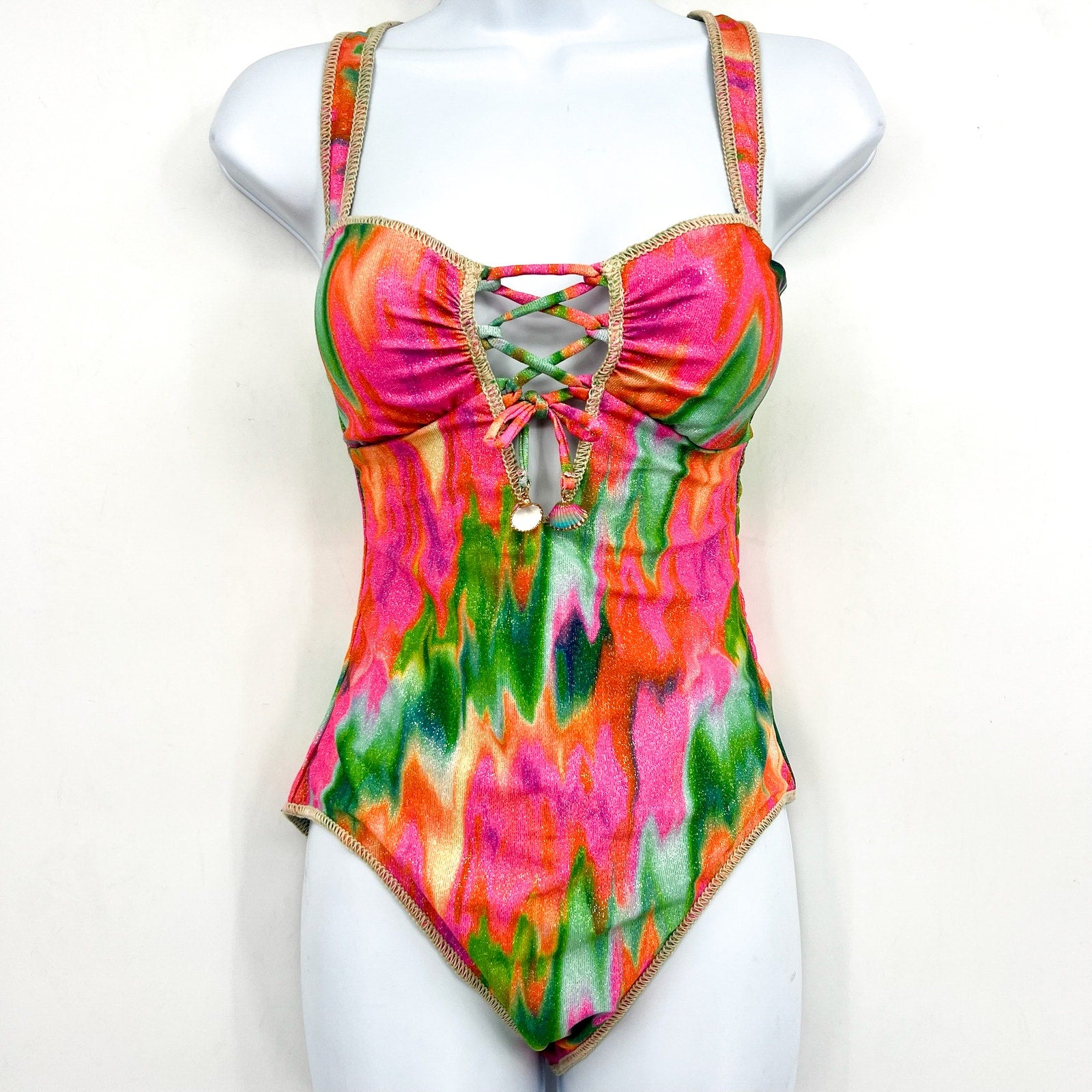 BECCA Women's Mirage Metallic One-Piece Swimsuit Medium Pink Green Lace-Up NWOT