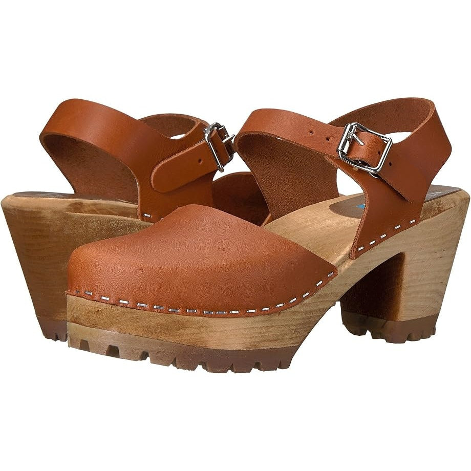MIA Womens Abba Clogs EU 36 US 6 Luggage Brown Leather Wooden Heel NWOB