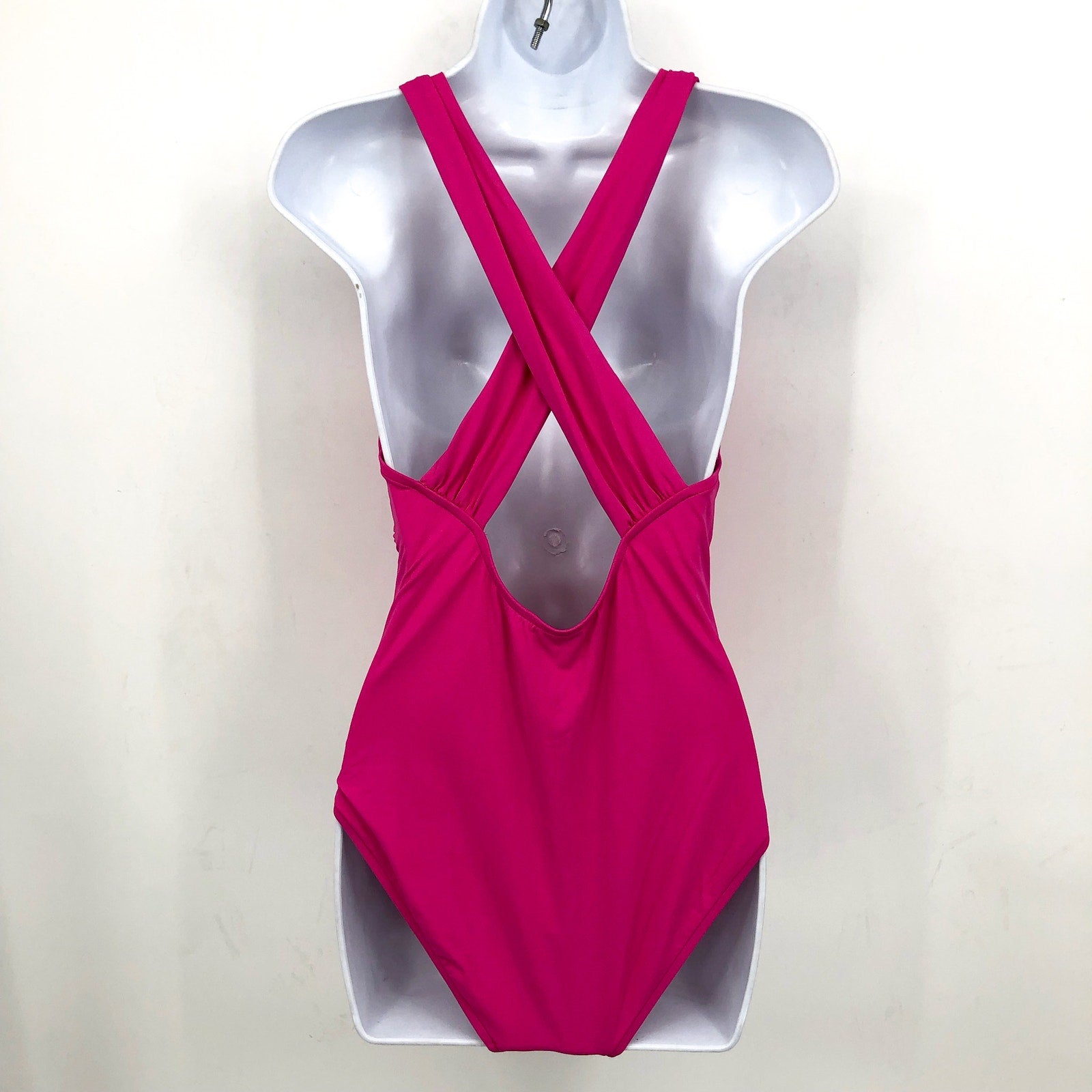 SEAFOLLY Women's Cross Back One Piece Swimsuit Size 12 Hot Pink Plunge Neck NWT