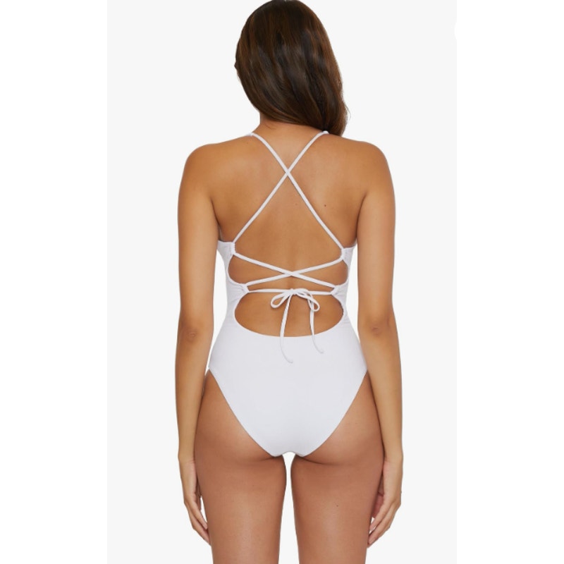 BECCA Women's Modern Edge Haley One Piece Swimsuit Large White Plunge Neck NWT