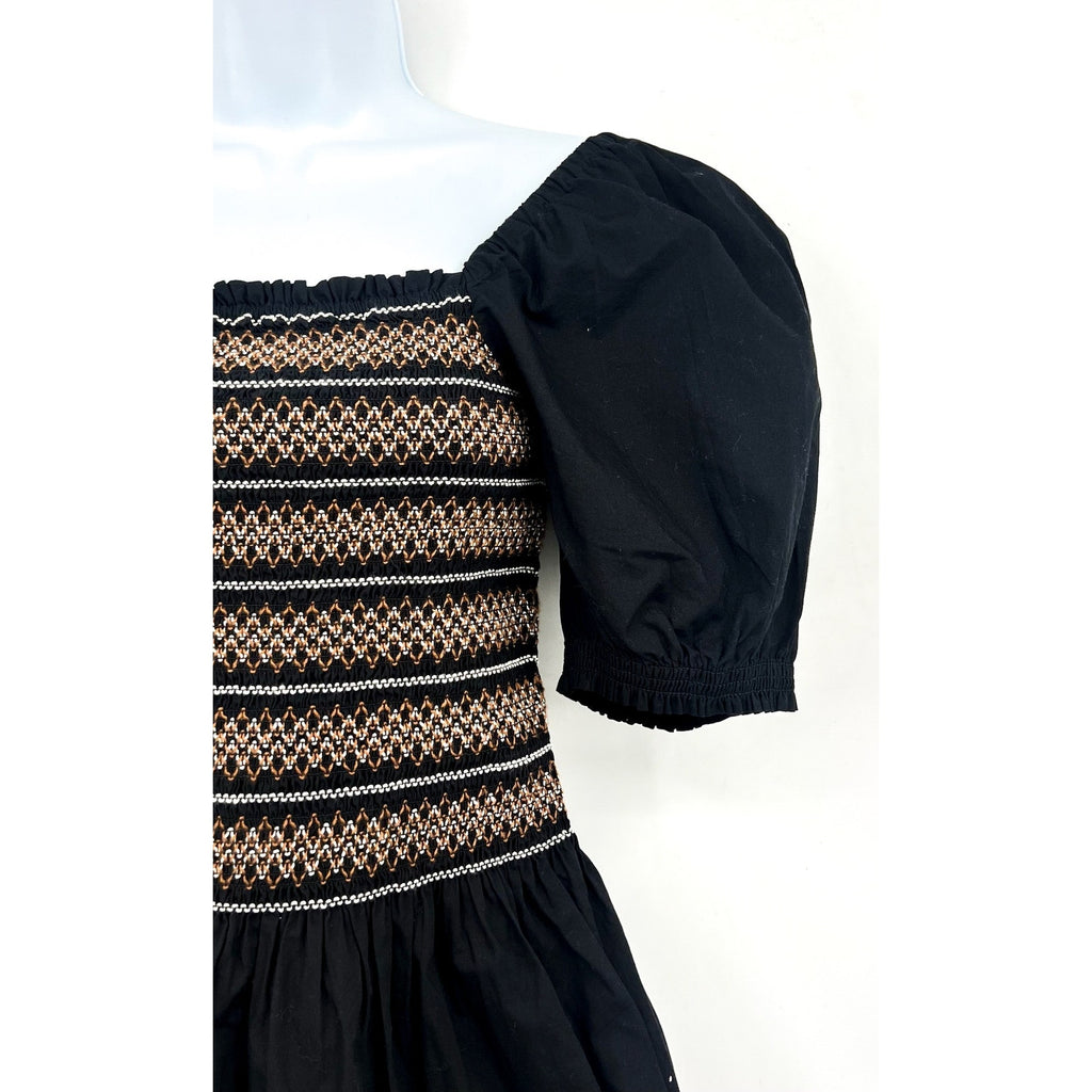 Madewell Womens Poplin Puff-Sleeve Mini Dress Small Black Smocked NU780 NWT