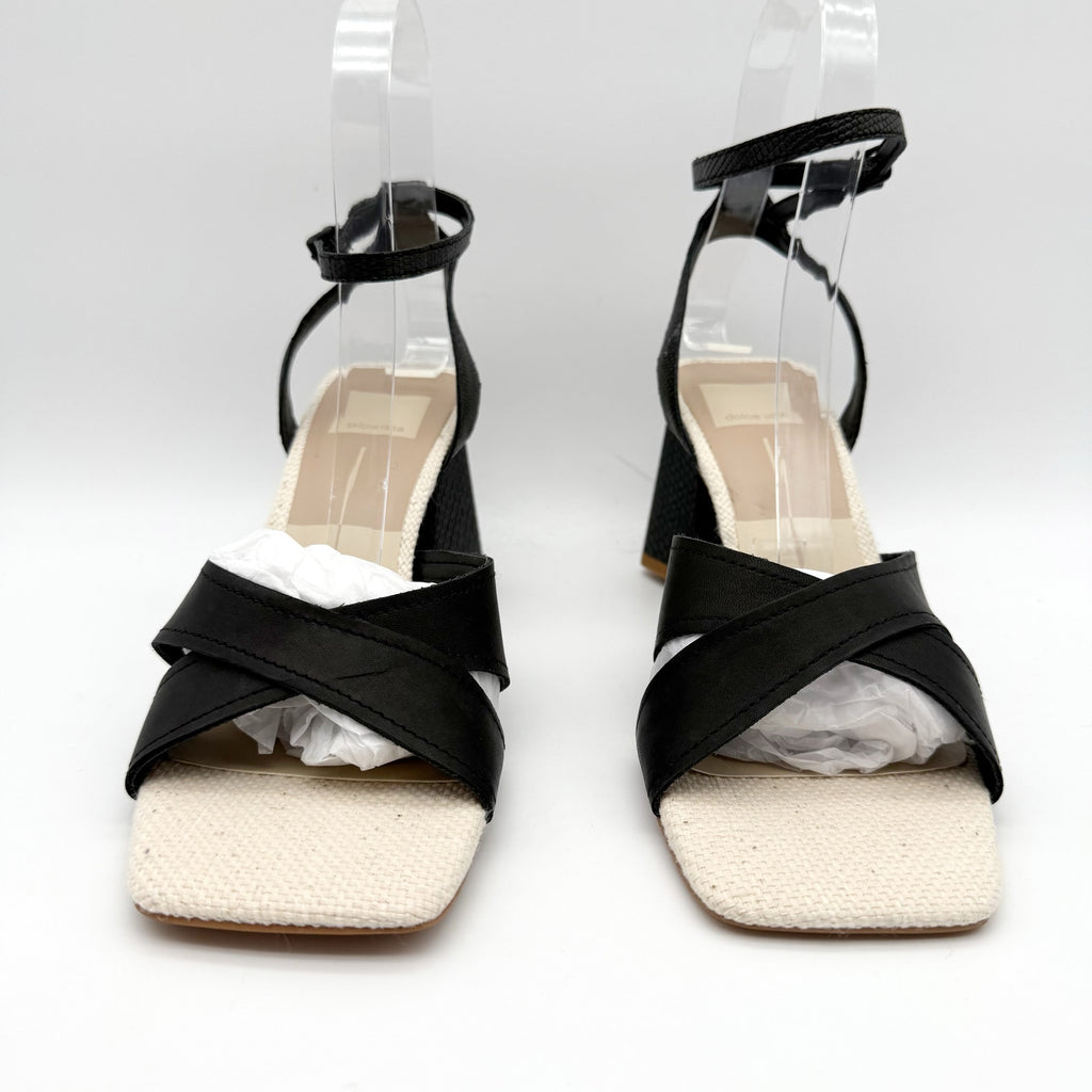 Dolce Vita Womens Tiki Heeled Sandals Size 8.5 M Black Embossed Leather NIB