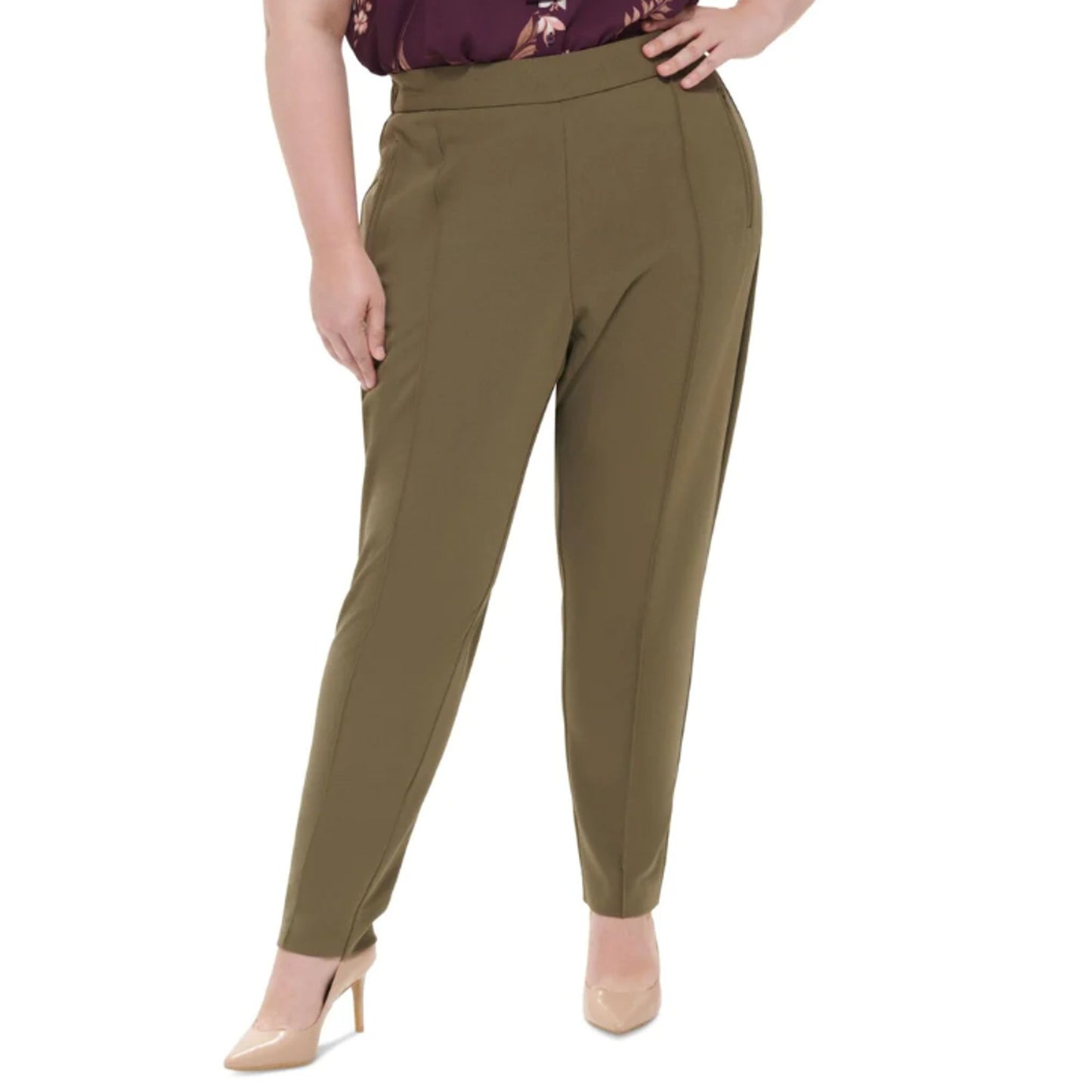 CALVIN KLEIN Women Mid-Rise Pull-On Slim Straight Pants Green 22W