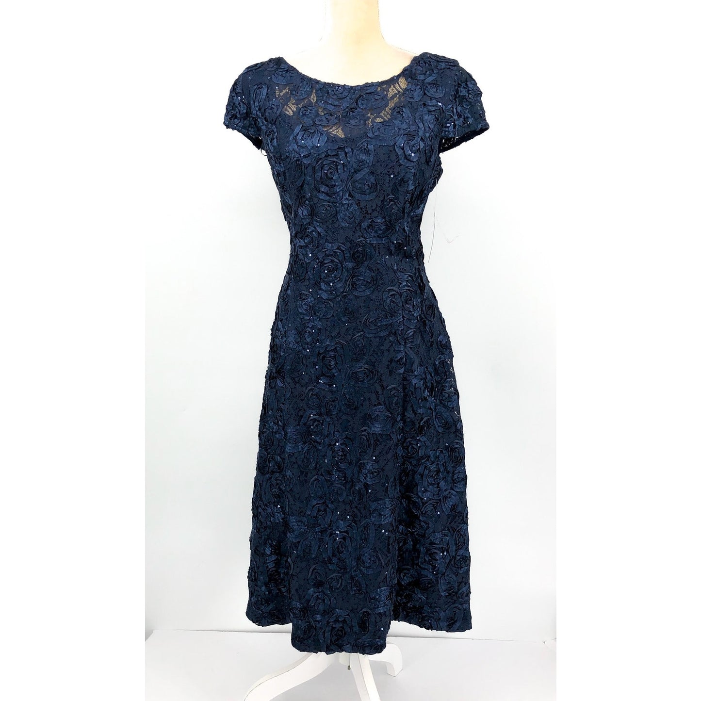 ALEX EVENINGS Rosette A-line Midi Dress Size 14 Navy Blue Sequin Lace 121570 NWT