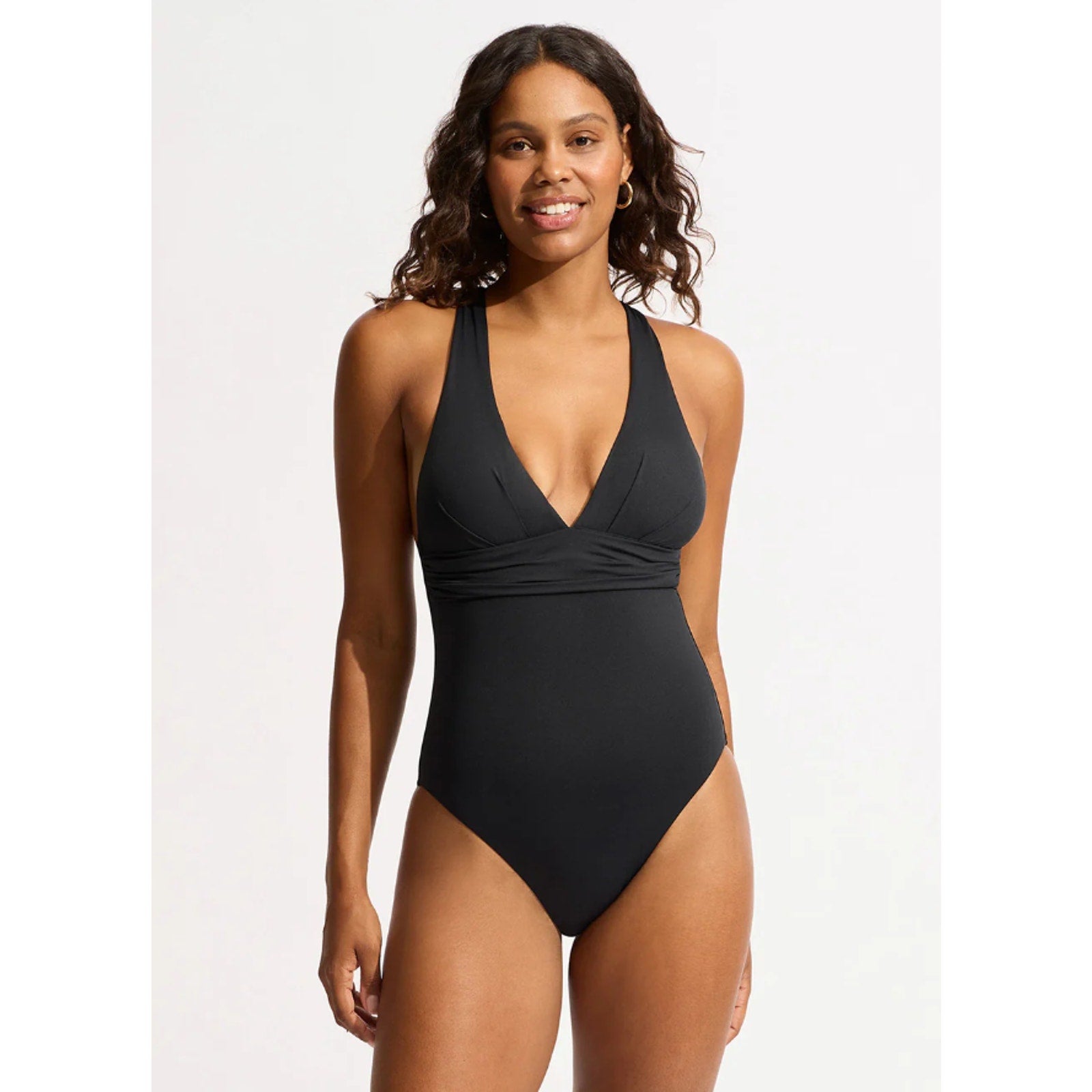 SEAFOLLY Collective Cross Back One Piece Swimsuit Size 8 Black High Neck NWT