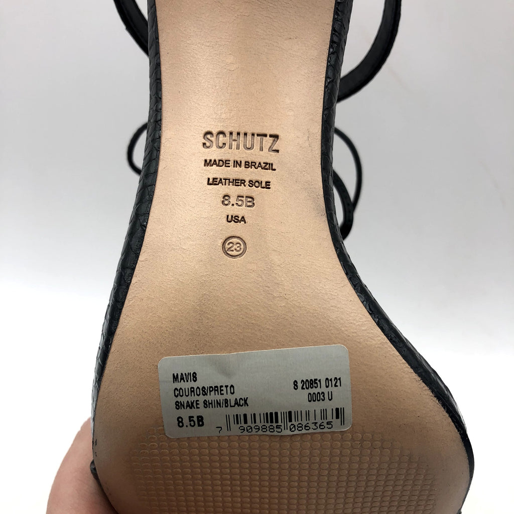 SCHUTZ Womens Mavis Heel Sandal Size 8.5 Black Snake Shine Leather NIB