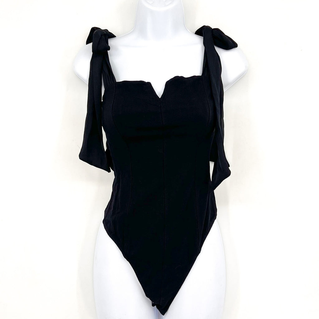 FREE PEOPLE Women's Lola Tank Bodysuit Small Black Tie Shoulder Thong NWT