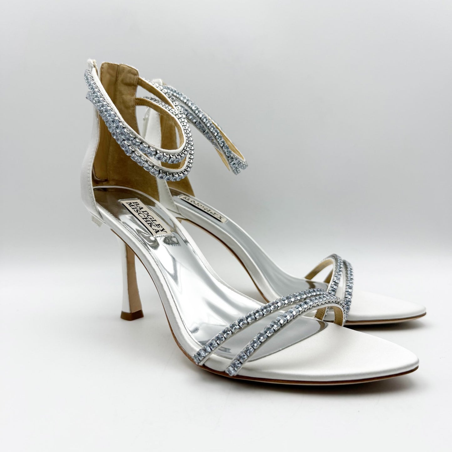 Badgley Mischka Womens Logan Heeled Sandals US 8.5 Silver Leather Crystal NIB