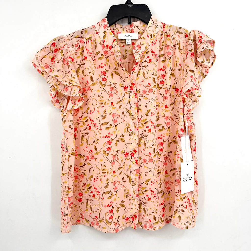 CECE Women's Placket Blouse Medium Pink Floral Double Flutter Short Sleeves NWT