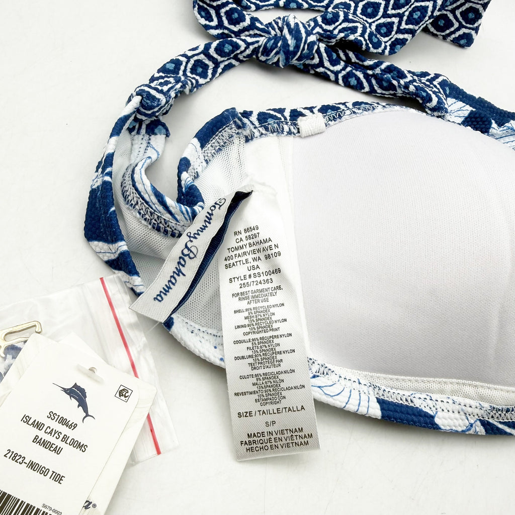 TOMMY BAHAMA Island Cays Bandeau Bikini Top Small Blue White Blooms NWT