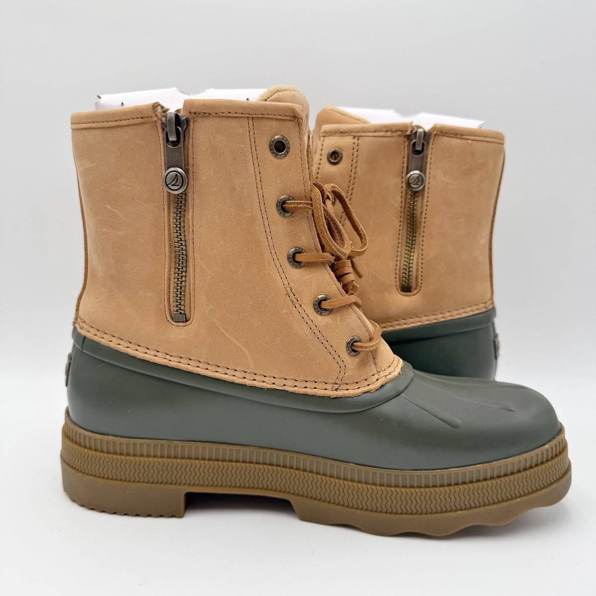 Sperry Womens Saltwater 2.0 Duck Boots Size 9.5 Tan Green Leather Waterproof NIB