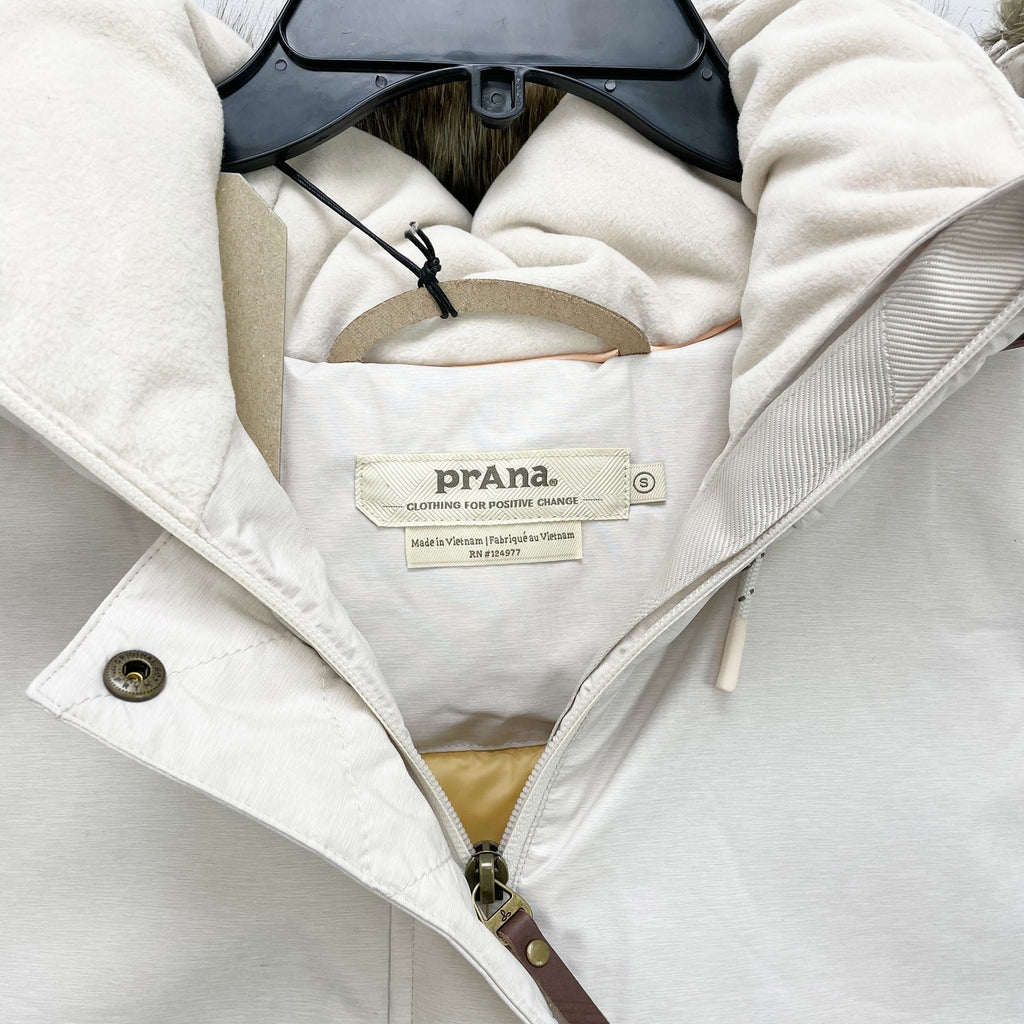 Prana Womens Banajaara Down Vest Small Cream Puffer Hooded Faux Fur NWT $250