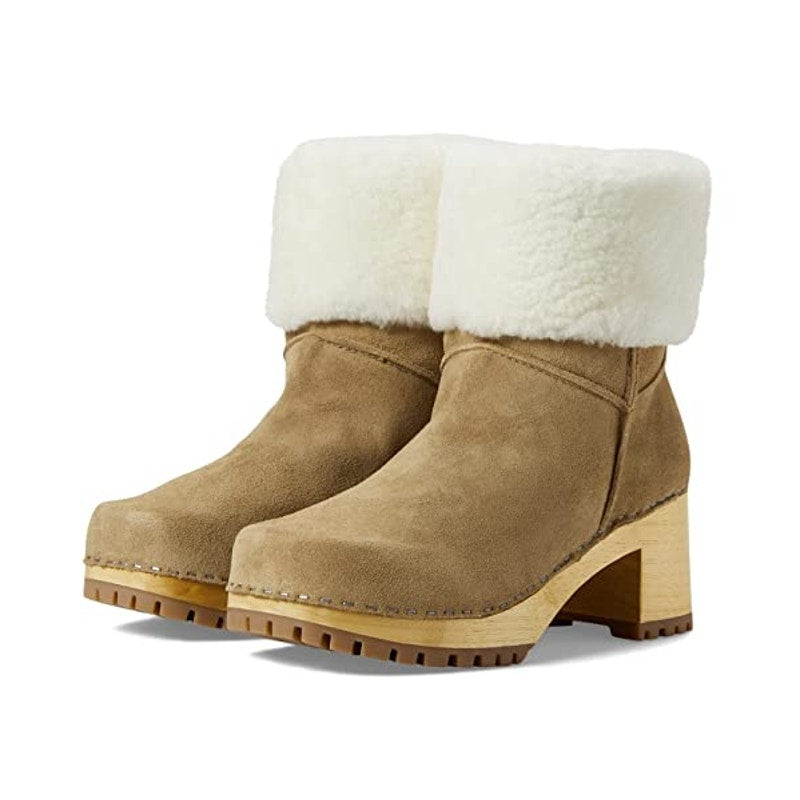 MIA Clogs Womens Jildie Boots Size M Beige Tan Suede Fur Trim NWOB