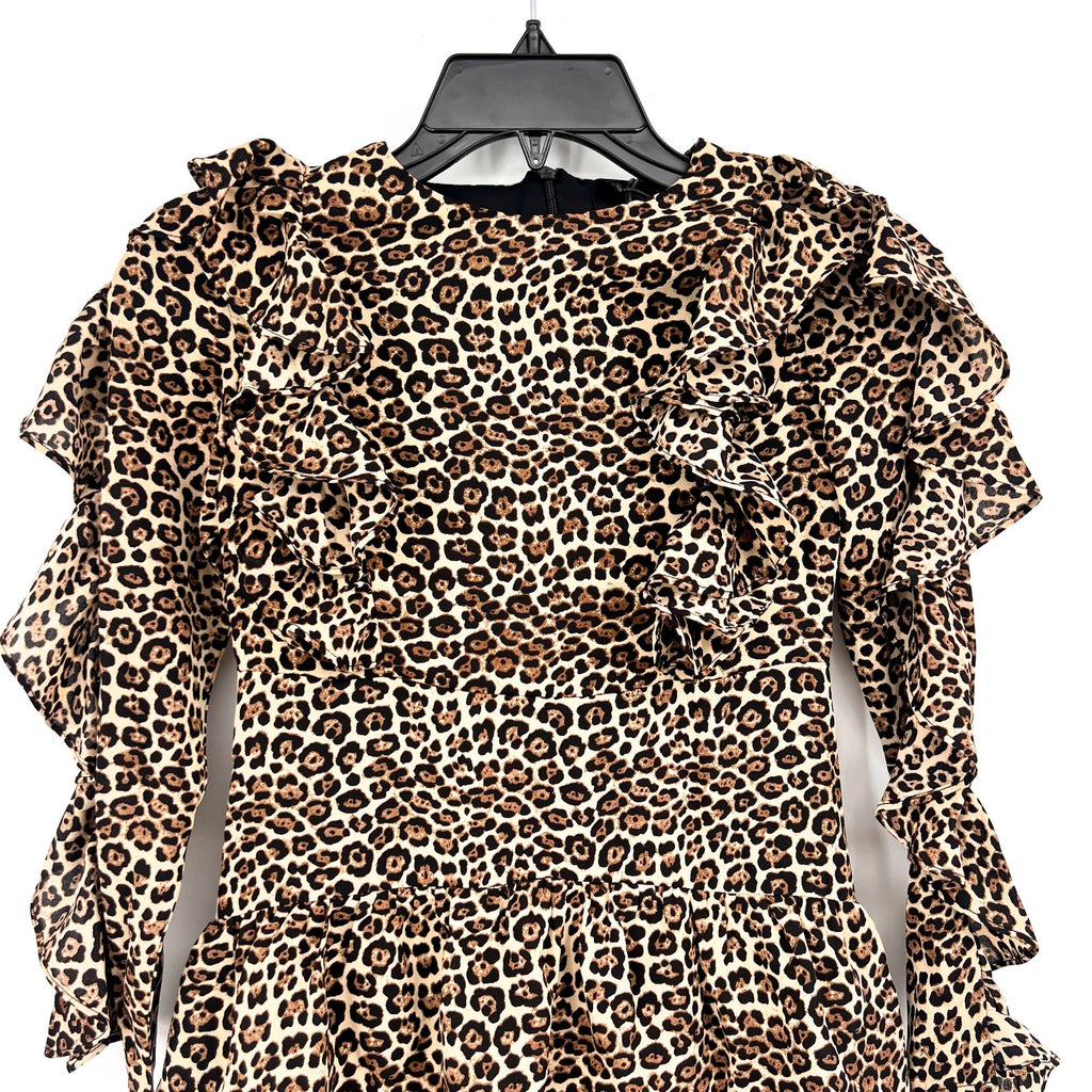 BARDOT Girl's Whit Ra Ra Dress Size 10 MEDIUM Leopard Ruffle Long Sleeve NWT