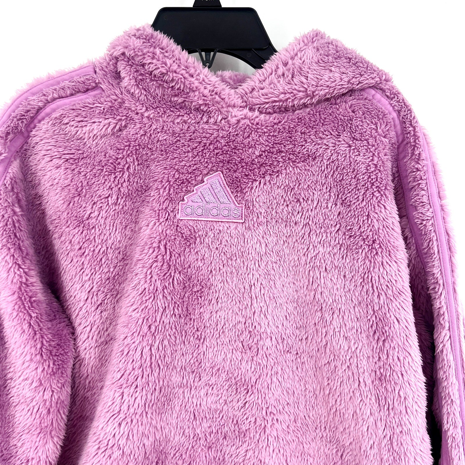 ADIDAS Girls Cozy Sherpa Hood Pullover Sweatshirt Large Purple Fuzzy NWT