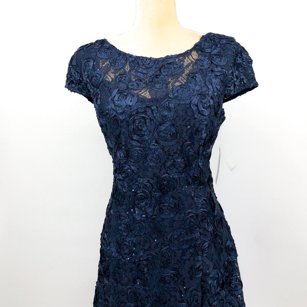 ALEX EVENINGS Rosette A-line Midi Dress Size 14 Navy Blue Sequin Lace 121570 NWT
