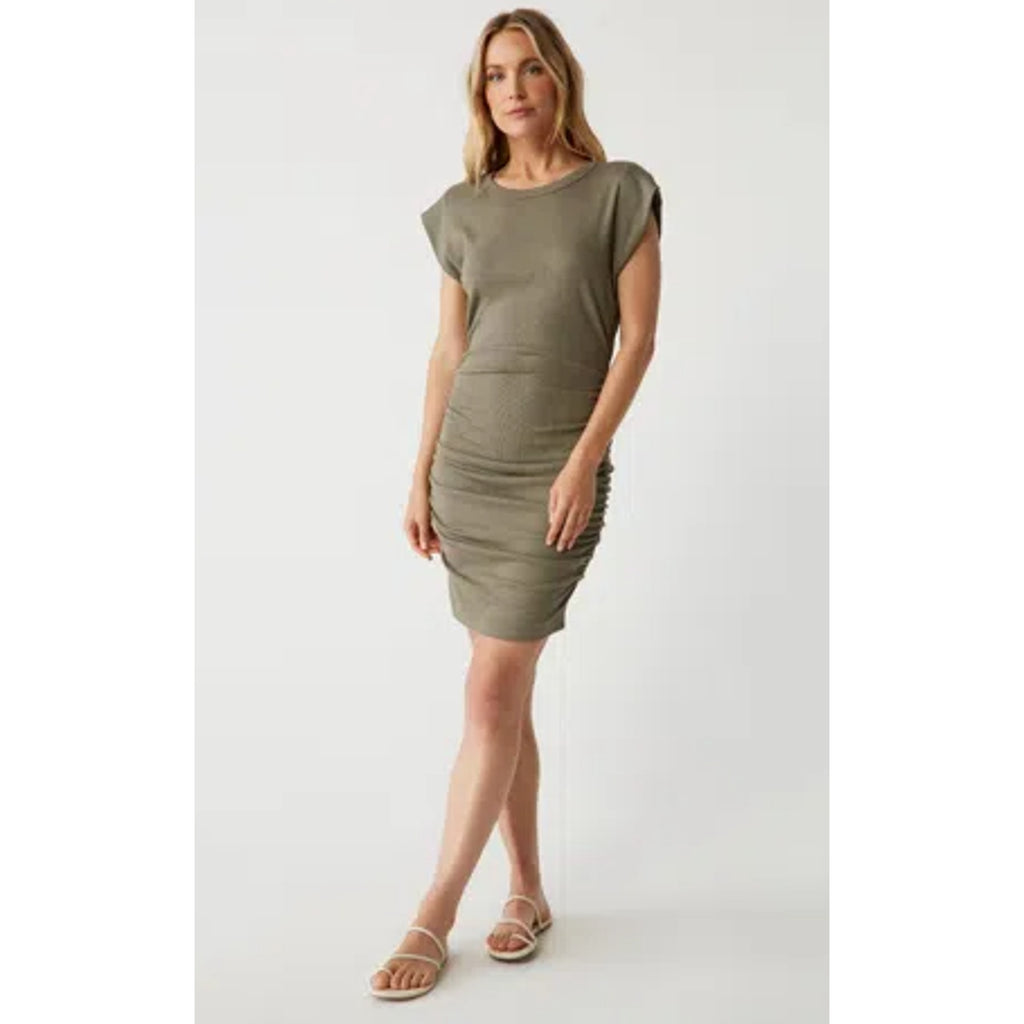 MICHAEL STARS Ricci Power Shoulder Dress Small Olive Green Short Sleeve NWT