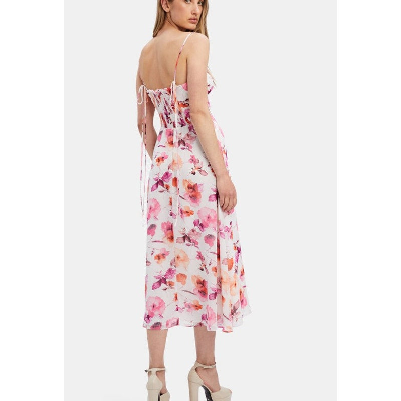 BARDOT Women's Zeta Midi Dress XS US 2 White Pink Floral Chiffon NWT
