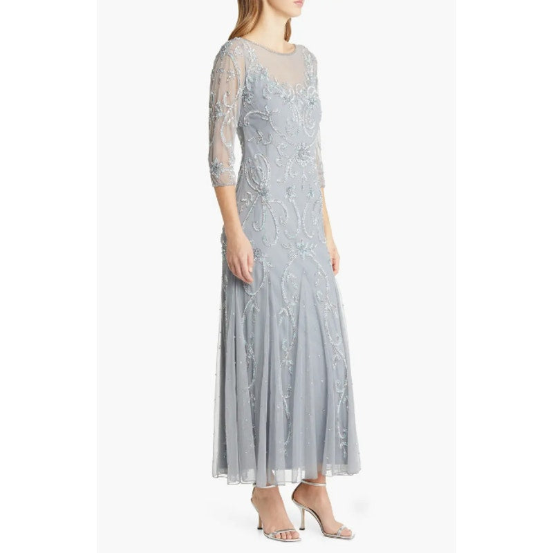 PISARRO NIGHTS Beaded Illusion Neck Gown Size 14 Sky Blue Gray 3/4 Sleeve NWT